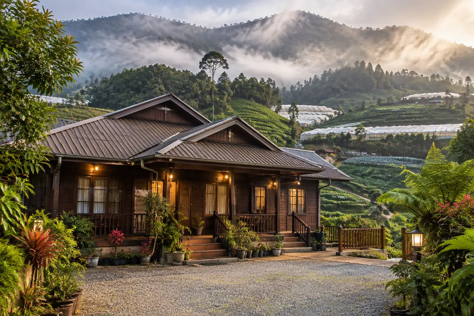 The wooden house on the hillside