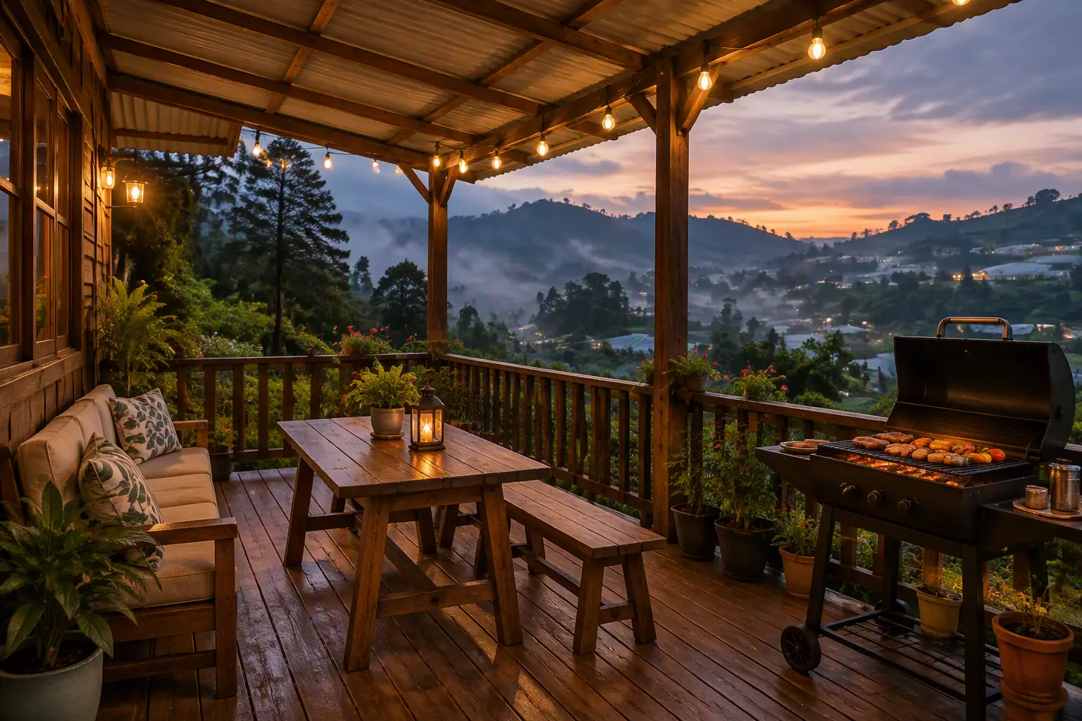Porch with BBQ at dusk