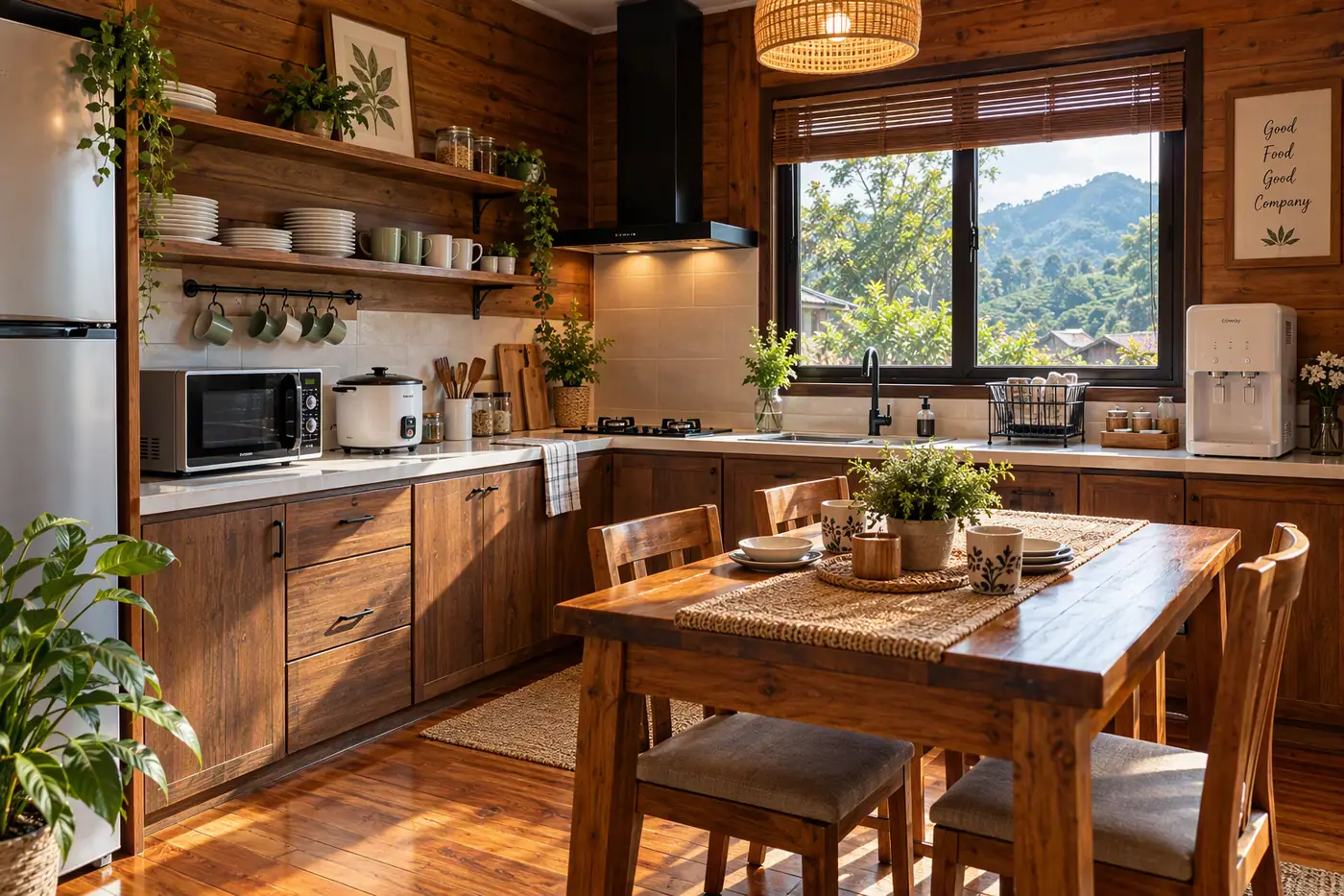 Kitchen with rice cooker, microwave and water filter