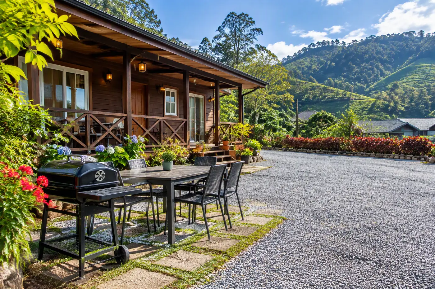 Front yard, BBQ set and parking